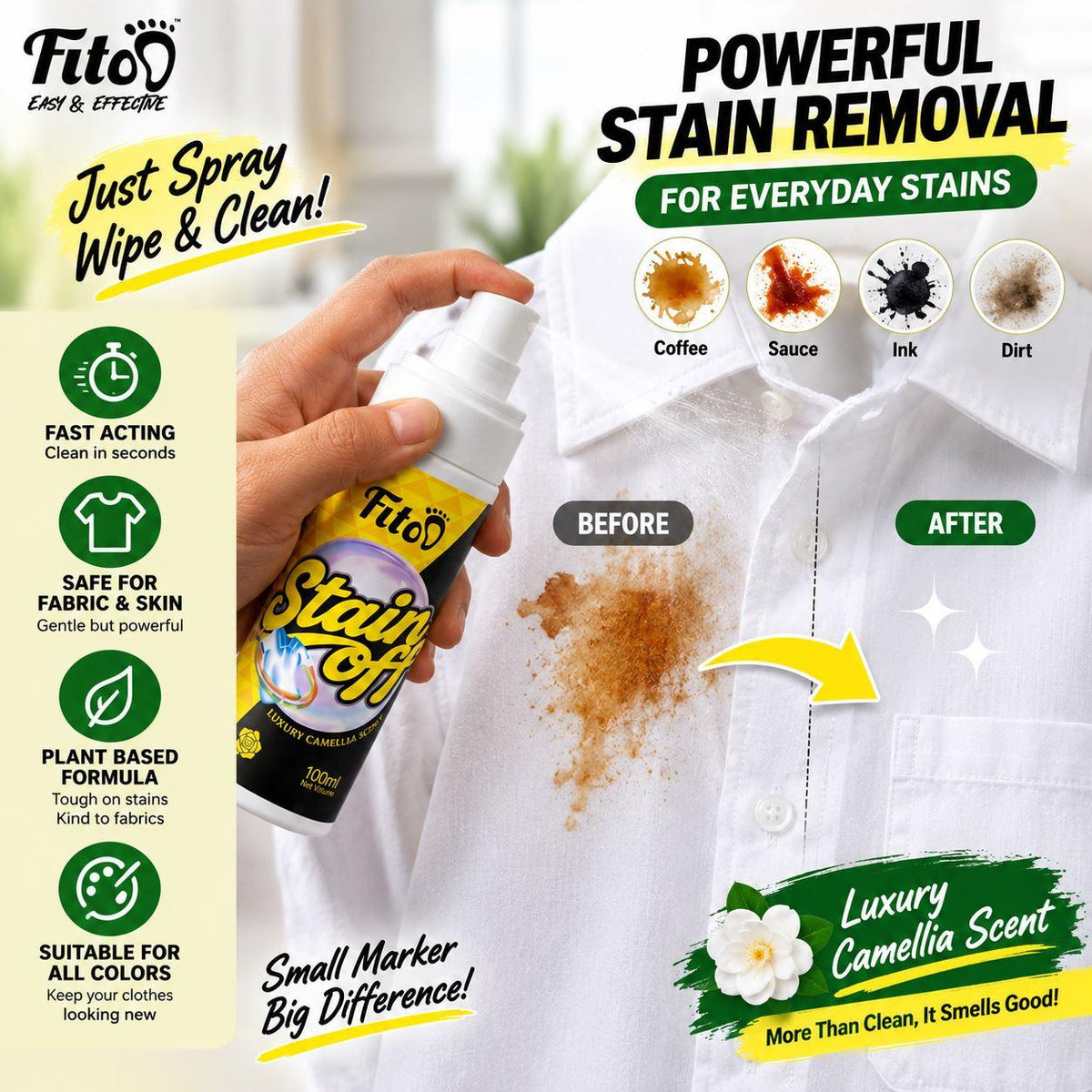 Fitoo Stain Off (100ml) Fabric Cleaner Coffee Sweat Blood Urine Stain Kesan Peluh