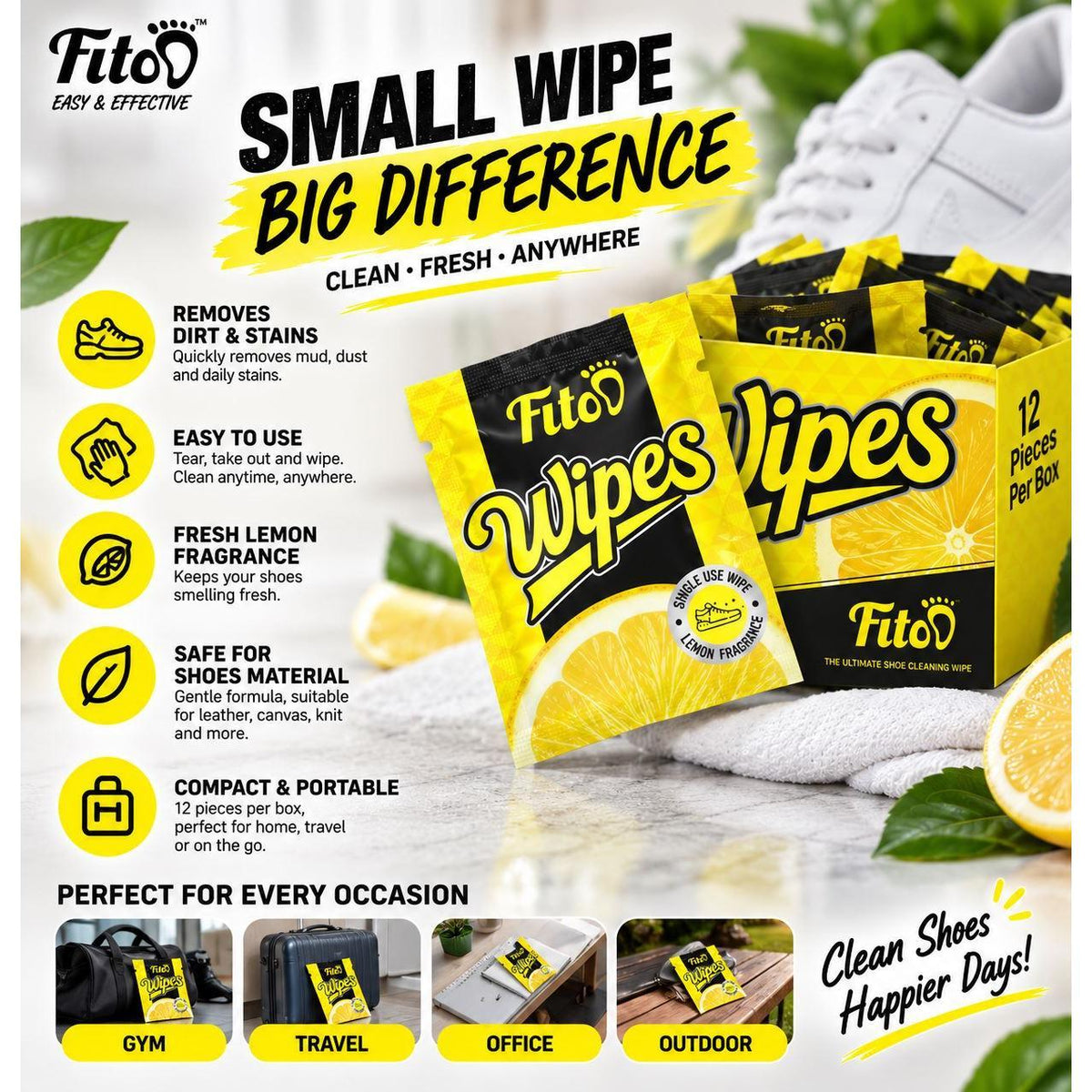 Fitoo Shoe Wipes Wet Tissue for Cleaning Sneakers Shoes - Dirt Stains (12 Wipes/Box)