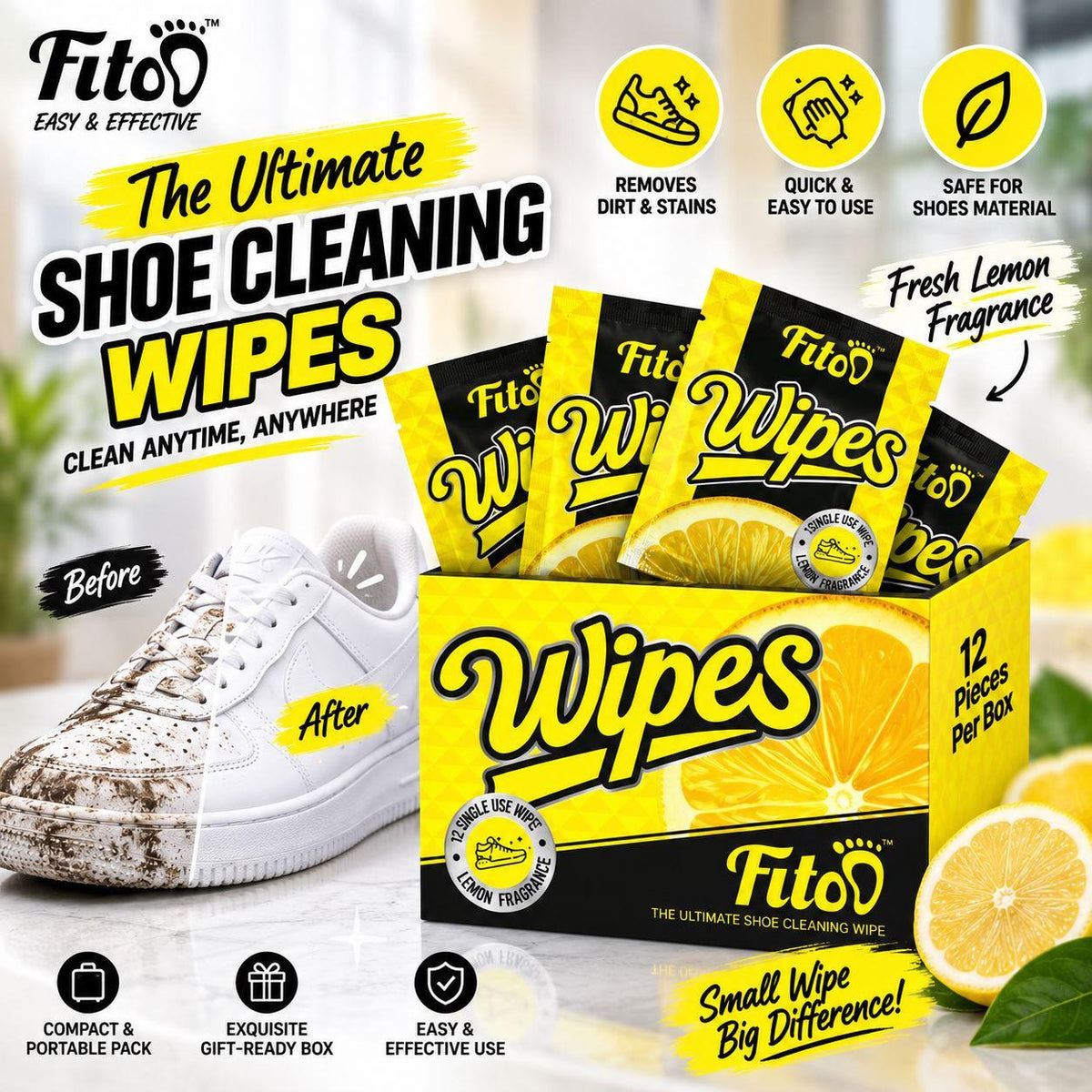 Fitoo Shoe Wipes Wet Tissue for Cleaning Sneakers Shoes - Dirt Stains (12 Wipes/Box)
