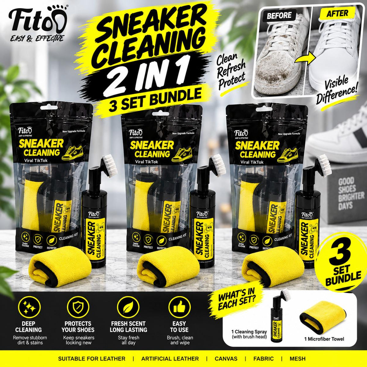 Fitoo Shoe Cleaner Sneaker Cleaning Kit Bundle 2 in1 &  3 in1 Combo Set x3
