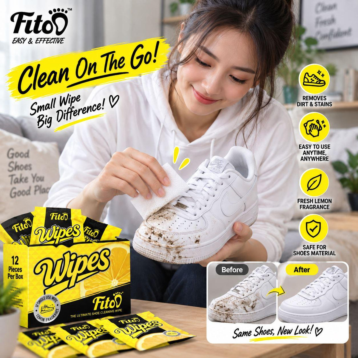 Fitoo Shoe Wipes Wet Tissue for Cleaning Sneakers Shoes - Dirt Stains (12 Wipes/Box)