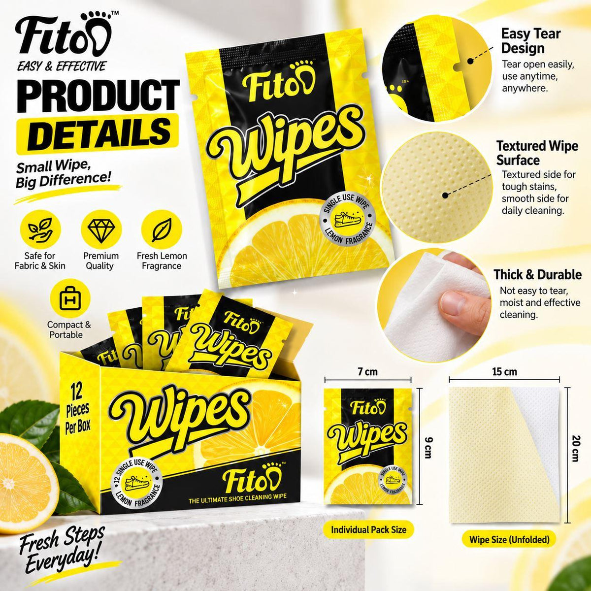 Fitoo Shoe Wipes Wet Tissue for Cleaning Sneakers Shoes - Dirt Stains (12 Wipes/Box)
