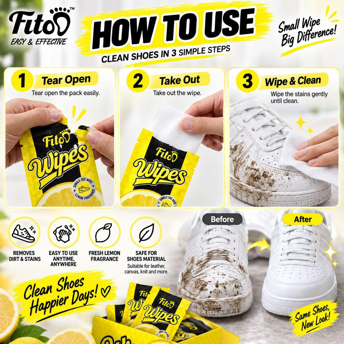 Fitoo Shoe Wipes Wet Tissue for Cleaning Sneakers Shoes - Dirt Stains (12 Wipes/Box)